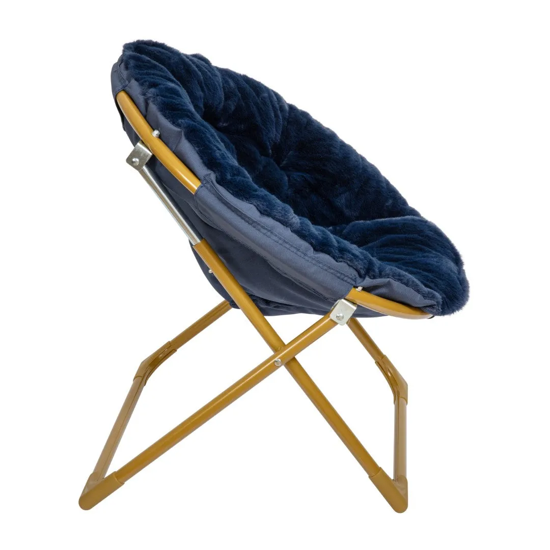 23" Kids Cozy Mini Folding Saucer Chair, Faux Fur Moon Chair for Toddlers and Bedroom, Navy/Soft Gold