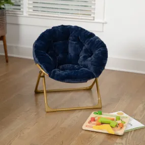 23" Kids Cozy Mini Folding Saucer Chair, Faux Fur Moon Chair for Toddlers and Bedroom, Navy/Soft Gold
