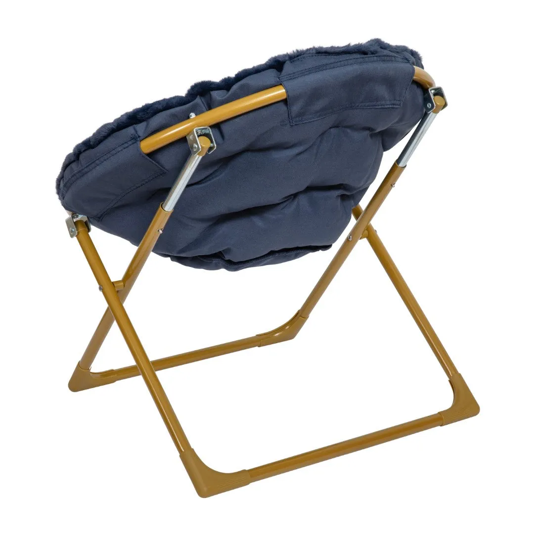 23" Kids Cozy Mini Folding Saucer Chair, Faux Fur Moon Chair for Toddlers and Bedroom, Navy/Soft Gold