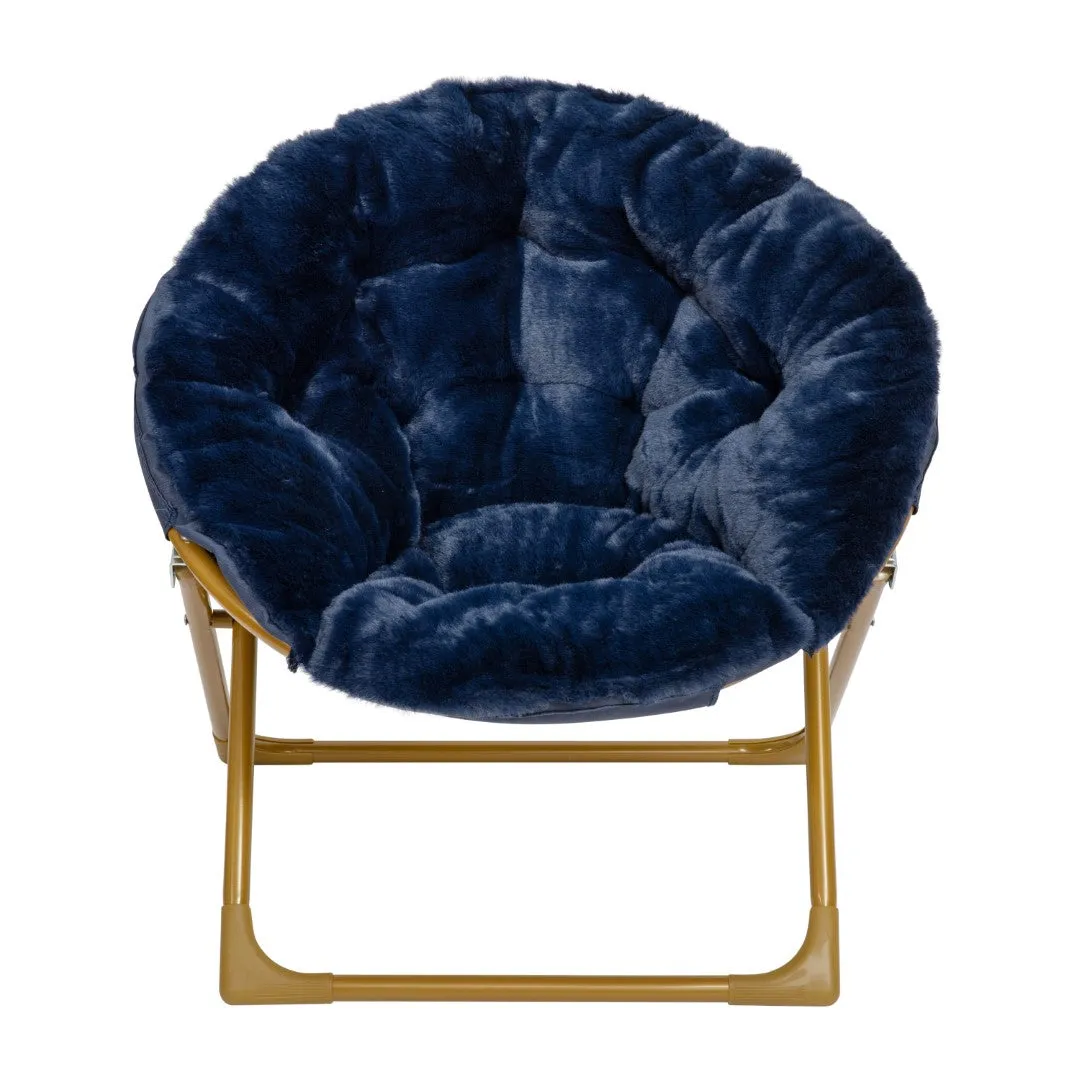 23" Kids Cozy Mini Folding Saucer Chair, Faux Fur Moon Chair for Toddlers and Bedroom, Navy/Soft Gold