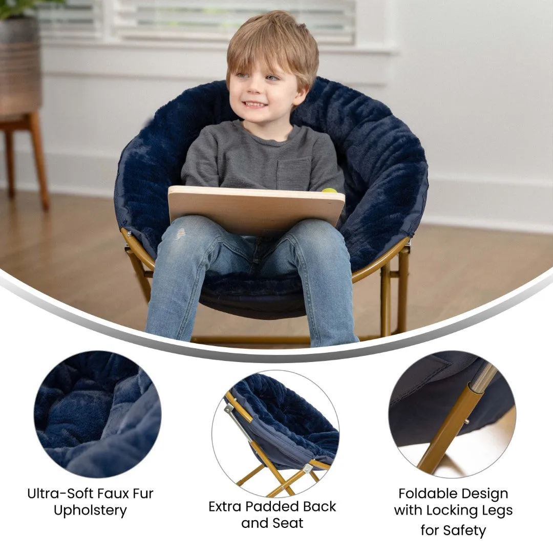 23" Kids Cozy Mini Folding Saucer Chair, Faux Fur Moon Chair for Toddlers and Bedroom, Navy/Soft Gold