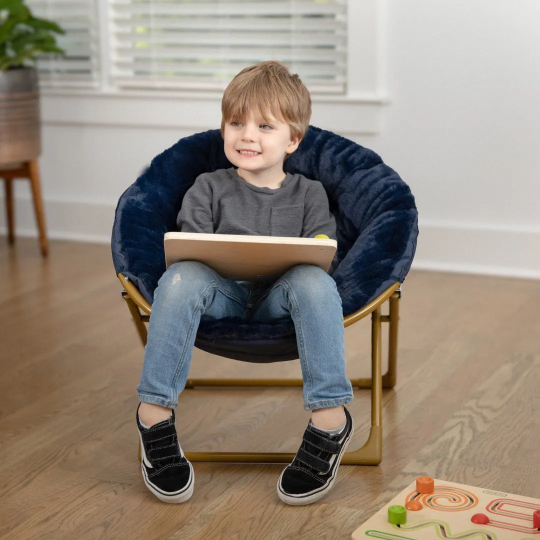 23" Kids Cozy Mini Folding Saucer Chair, Faux Fur Moon Chair for Toddlers and Bedroom, Navy/Soft Gold