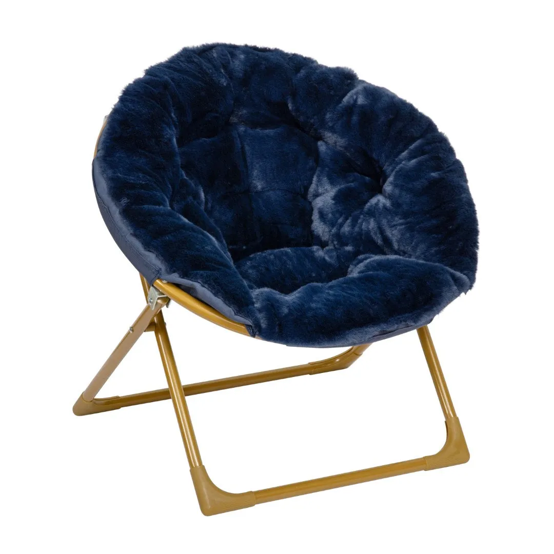 23" Kids Cozy Mini Folding Saucer Chair, Faux Fur Moon Chair for Toddlers and Bedroom, Navy/Soft Gold