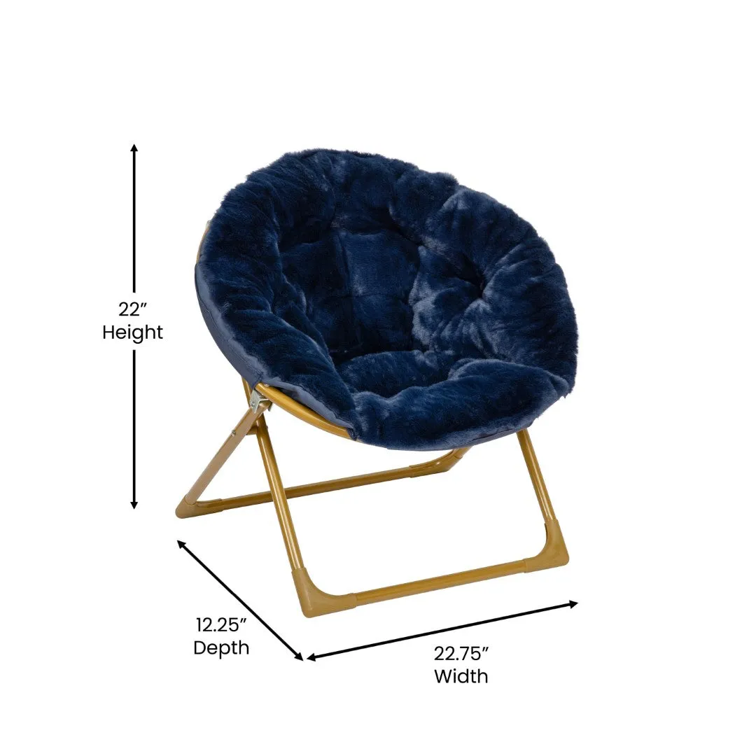 23" Kids Cozy Mini Folding Saucer Chair, Faux Fur Moon Chair for Toddlers and Bedroom, Navy/Soft Gold