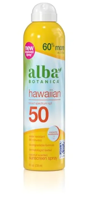Alba Botanica Hawaiian Coconut Sunscreen, Spray Broad Spectrum SPF 50 Sunscreen, Water Resistant and Biodegradable 8 fl oz Bottle