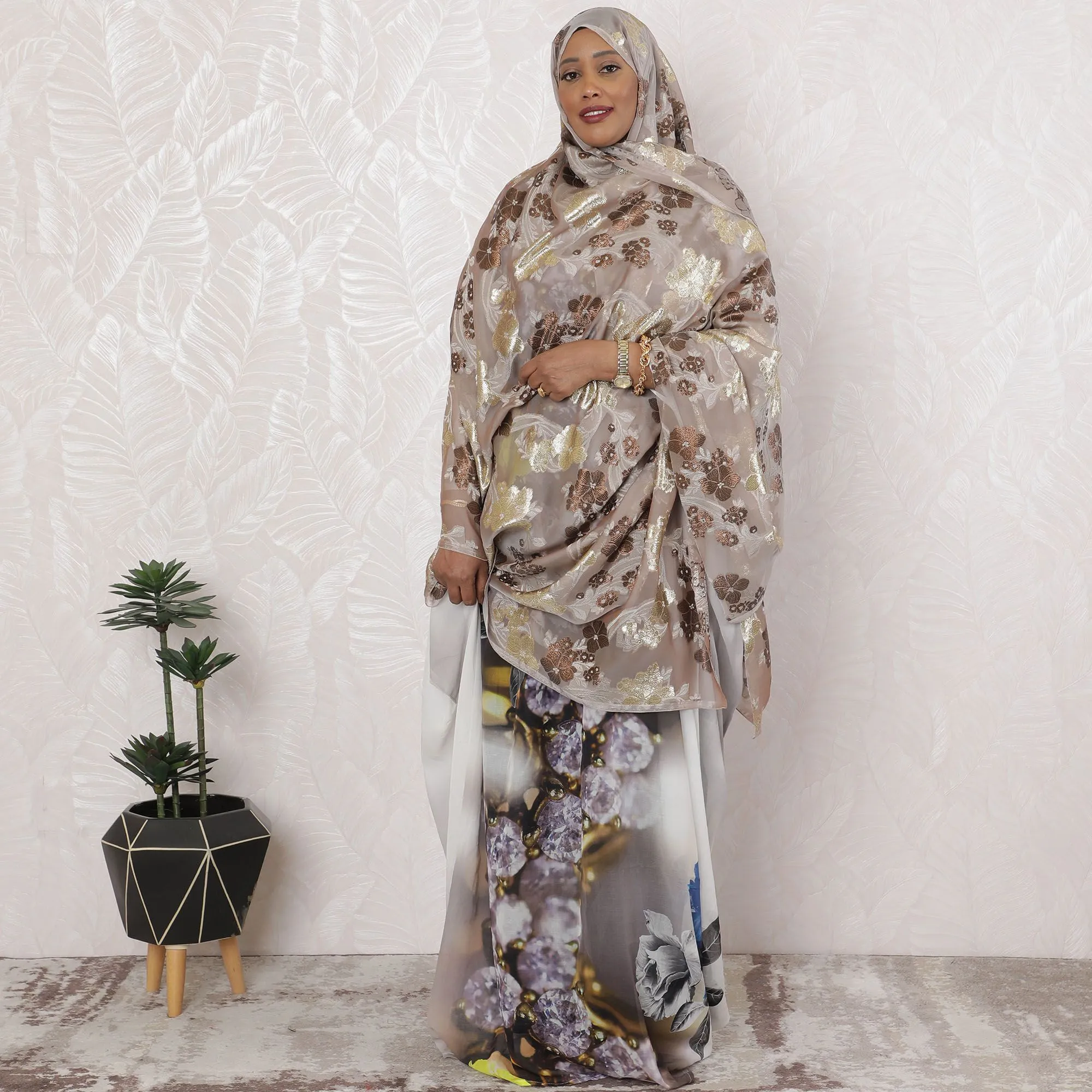 Blush Gold Leaf Embroidery Silk Chiffon Garbasaar Fabric, 110 cm Wide – French Couture Elegance- Piece of 2.0 Mtrs-D18664