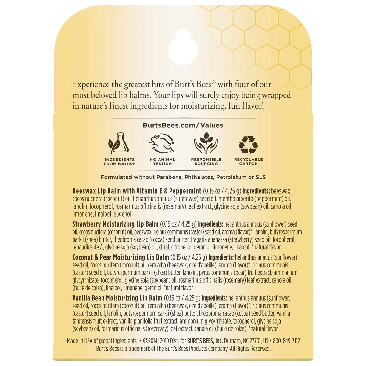 Burt'S Bees Lip Balm Stocking Stuffer, Moisturizing Lip Care Holiday Gift, 100% Natural, Original Beeswax, Strawberry, Coconut & Pear, Vanilla Bean with Beeswax & Fruit Extracts, Multipack (4 Pack)