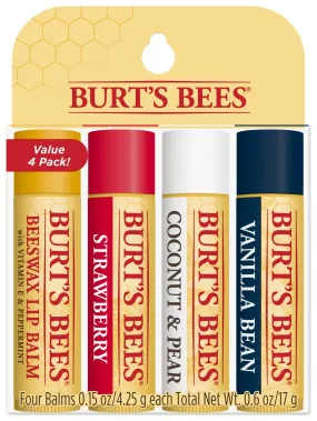 Burt'S Bees Lip Balm Stocking Stuffer, Moisturizing Lip Care Holiday Gift, 100% Natural, Original Beeswax, Strawberry, Coconut & Pear, Vanilla Bean with Beeswax & Fruit Extracts, Multipack (4 Pack)