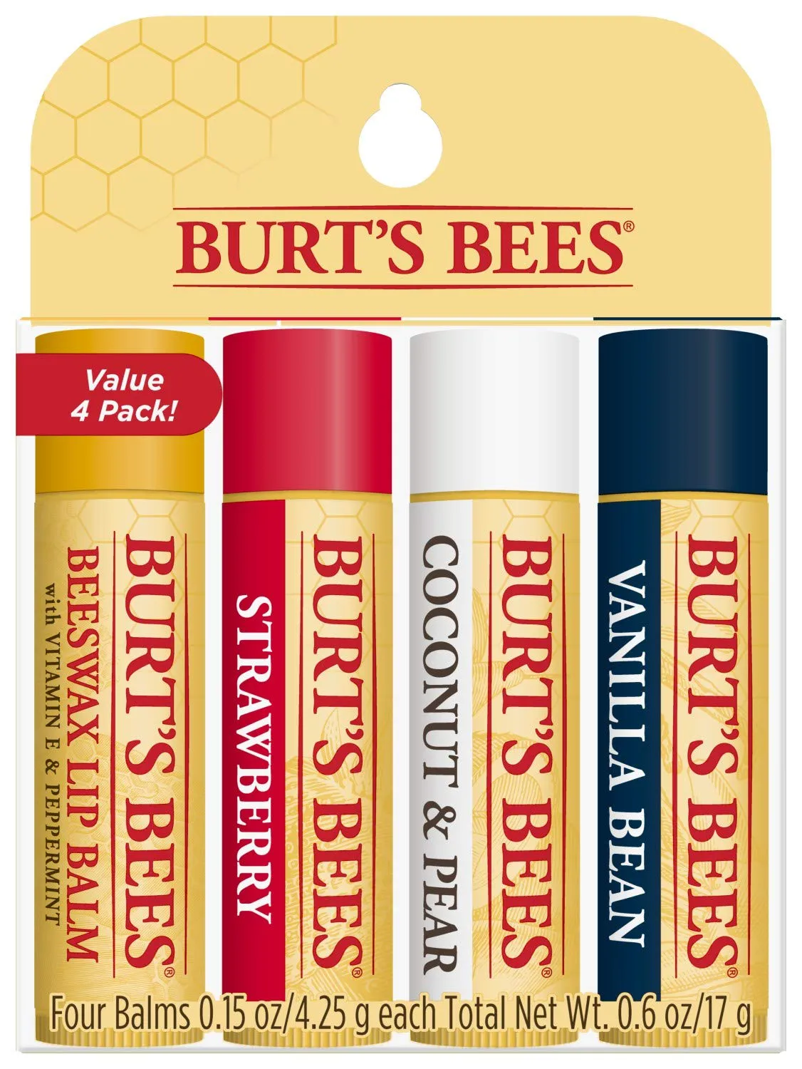 Burt'S Bees Lip Balm Stocking Stuffer, Moisturizing Lip Care Holiday Gift, 100% Natural, Original Beeswax, Strawberry, Coconut & Pear, Vanilla Bean with Beeswax & Fruit Extracts, Multipack (4 Pack)