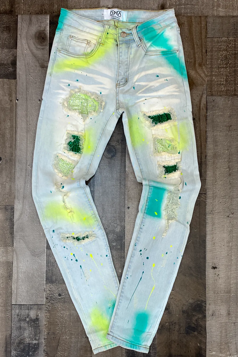 Dna Premium Wear- studded patch w/spray paint jeans (lime/teal)