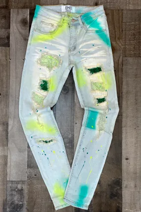Dna Premium Wear- studded patch w/spray paint jeans (lime/teal)
