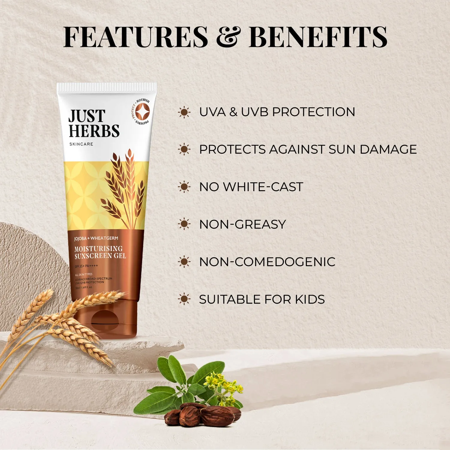 Moisturising Sunscreen Gel with SPF 35  PA     with Jojoba & Wheatgerm : 50 ml